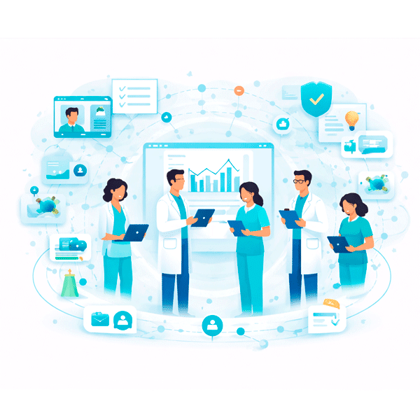 Healthcare professionals collaborating in a digital healthcare network designed for knowledge sharing and professional collaboration