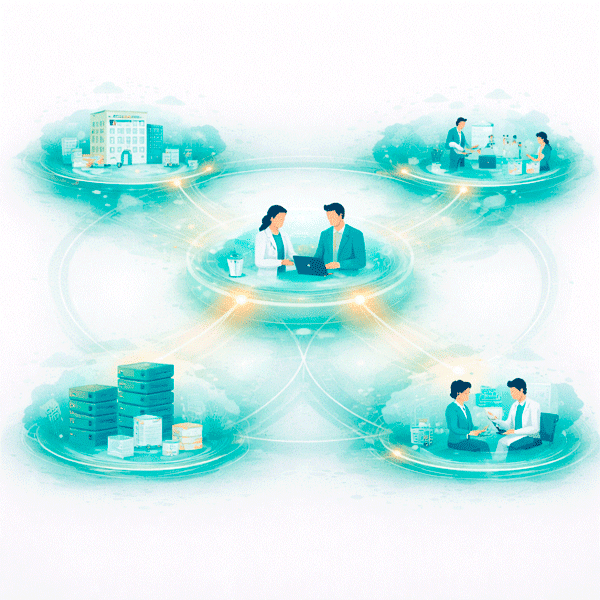Clean flat vector illustration of a real-world evidence platform for pharma showing multiple existing external systems remaining intact while being connected into one continuous evidence environment, enabling interoperability and unified evidence use without replacing original systems.