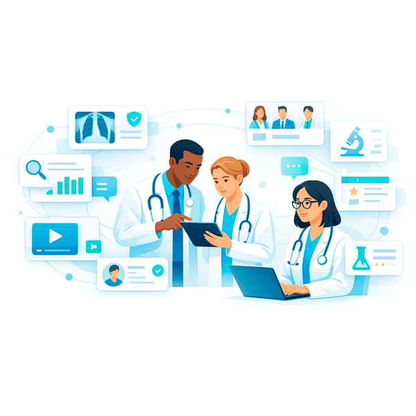 Healthcare professionals collaborating on clinical cases, medical learning, and research within a structured healthcare professional network