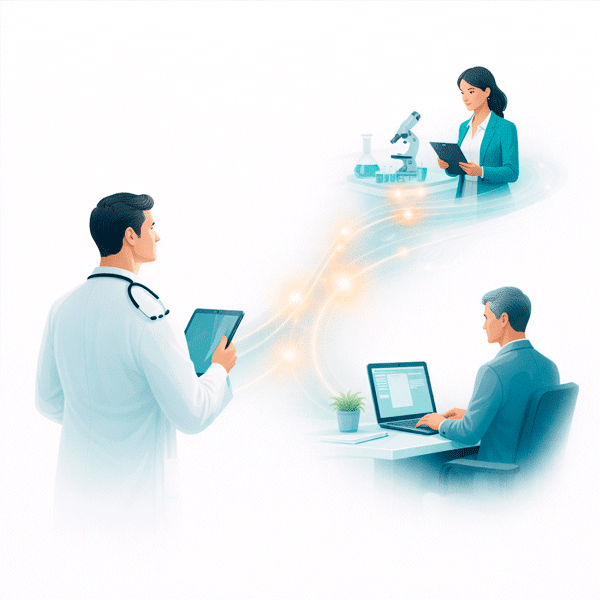 Clean flat vector illustration of a medical advisory board platform for pharma showing separate healthcare and pharma professionals aligned toward a shared objective, representing coordinated collaboration across clinical, regulatory, and medical roles.