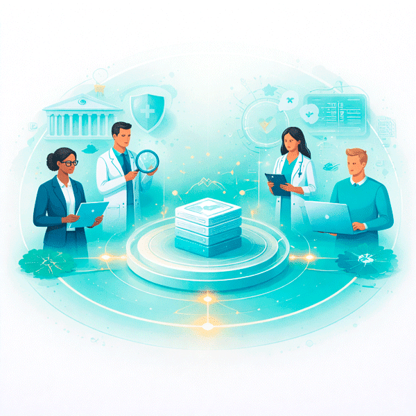 Clean flat vector illustration of a real-world evidence platform for pharma showing distinct professional roles aligned around a shared evidence foundation, representing coordinated collaboration across regulatory, clinical, medical, and data functions.